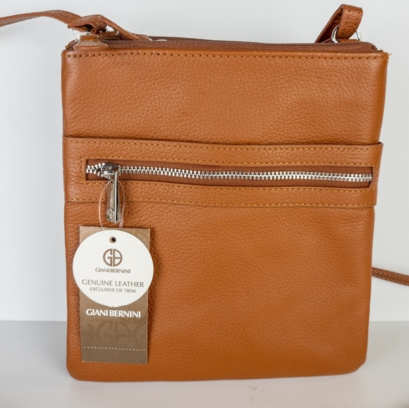 Giani Bernini Triple Zip Pebble Leather Dasher Crossbody- Cognac - Picture 2 of 4